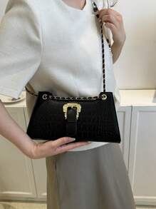 女士石纹腋下手提包小方形单肩包 - 黑色 - 查看 4