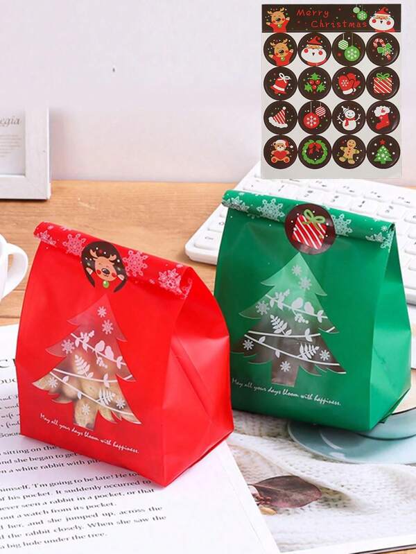 32pcs Red/Green Christmas Party Plastic Favor Bags With Sticker Closure, Christmas Tree Pattern Packaging Bags, Christmas Cookie Packaging Bags, Christmas Decoration Holiday Party Supplies For Holiday Snacks And Gift Packaging, Party Favors