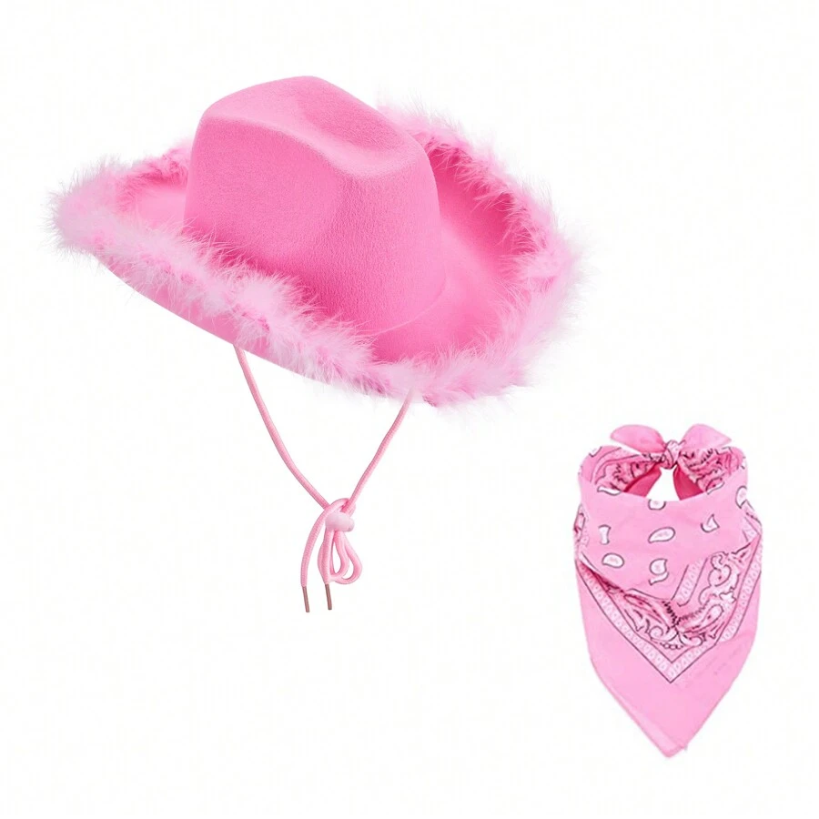 Adjustable Chin Strap Cowboy Hats Cowgirl Hat With Scarf For Women Girls Cowboy Costume Theme Party - 粉紅色毛邊 - 查看 1
