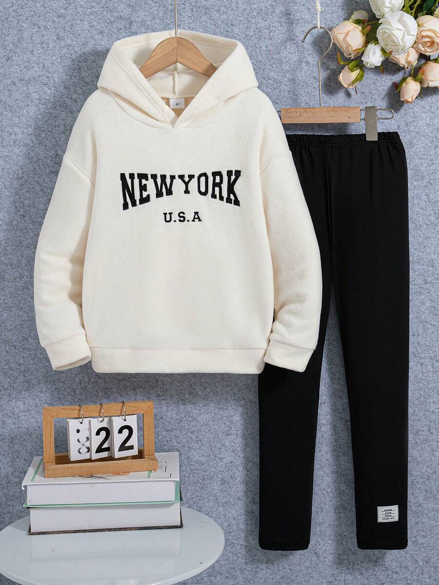 Tween Girls' Casual Outgoing Fashion Embroidery Letter Design Drop Shoulder Hoodie Top And Printed Pants 2Pcs Set - Beige - View 1