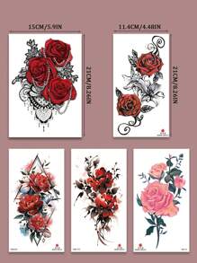 (Pack Of 5 PCS) Rose Pattern And Colorful Flower Temporary Tattoo Stickers, Female Sexy Fake Tattoos, 3D Floral Realistic Leg/Belly Tattoos, Large Size Body Art Realistic Fake Tattoos, Lasting 2-5 Days, Waterproof And Sweat Resistant Temporary Tattoos, Temporary Tattoos That Can Cover Scars, For Arms, Calves, Thighs, Neck, Waist, Chest