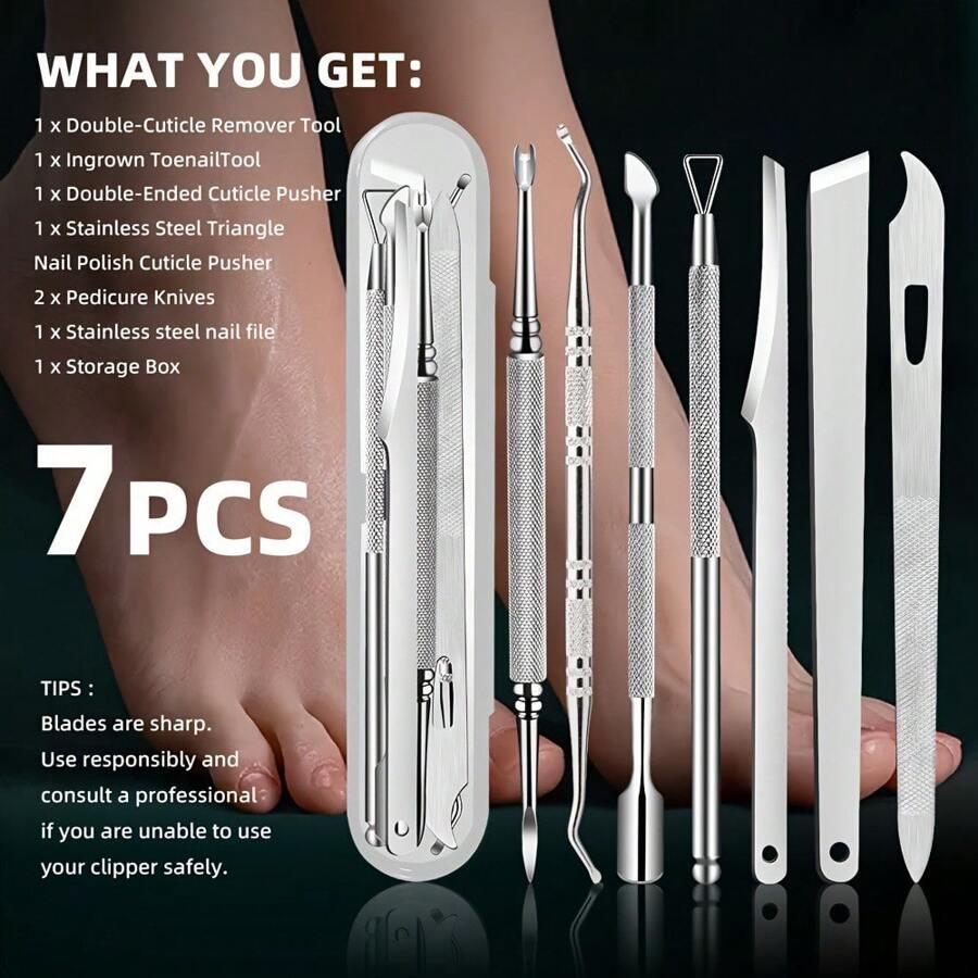 7 件套不锈钢指甲护理套装，用于去除死皮和老茧，无味角质层去除工具套装，适合老年人使用，精密切割刃口，可顺利去除 - 包括指甲锉和清洁剂