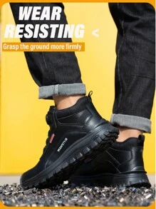 Unisex Leather Rotating Button Comfortable Safety Shoes, High Top Safety Boots, Steel Toe Shoes, Anti-Crush Anti-Puncture Protection Hiking Boots, Unisex Design, Waterproof, Anti-Skid, Wear-Resistant Work Shoes, Suitable For All Seasons, Black