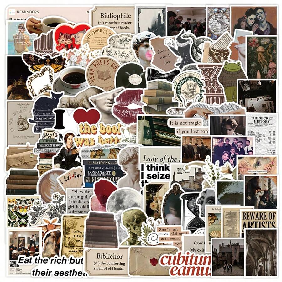 100张复古宫廷系列乙烯基贴纸，美观实用，适用于剪贴簿、日记、笔记本电脑、保险杠、滑板、水瓶、电脑、手机、卡通、安全帽、汽车贴纸和装饰贴花 - 彩色 - 查看 1