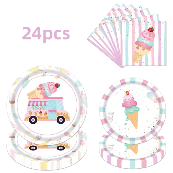 Juego de 24 piezas de platos, servilletas y suministros para fiesta de helados, suministros de fiesta con tema de paletas dulces rosas para niñas, baby shower, fiesta de cumpleaños, piscina, celebración de verano, cena, picnic, vajilla, platos para pastel y postre para 24 invitados