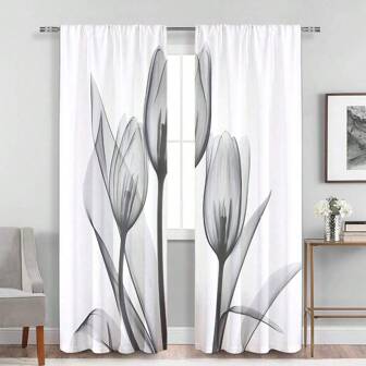 2 件装，灰色花朵印花半透明窗帘，多场景涤纶杆袋装饰窗帘，适用于客厅游戏室卧室家居装饰派对用品