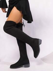 时尚女士过膝靴，秋冬新款弹力紧身靴，高跟过膝靴 - 黑色 - 查看 2