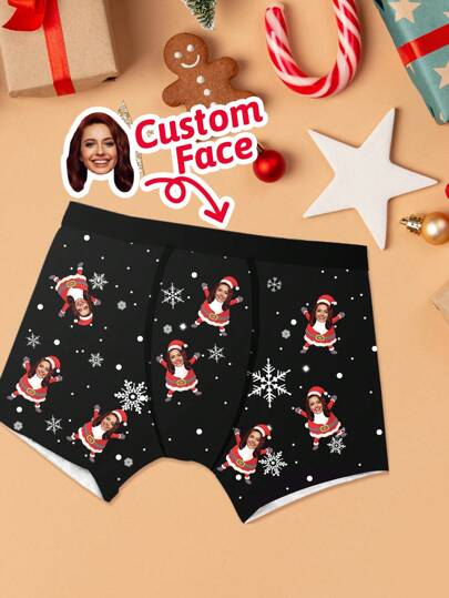 1pc Personalized Christmas Men's Briefs - Customize With Your Own Photo And Text, Paired With Fun Holiday Patterns, Soft And Stretchy Fabric For Comfortable Wear, The Perfect Gift For Your Boyfriend, Husband Or Friend. Create A Unique And Fun Design Using Your Own Photo, Ideal For Christmas, Anniversary Or Valentine's Day Surprises. This Playful Personalized Underwear Is Suitable For Holiday Celebrations, With Long-Lasting, Vibrant Prints And Available In Multiple Sizes.