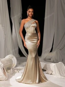Faeriesty Elegant Asymmetrical Neck Ruched Mermaid Evening Gown With Pearl Decor – Perfect For Weddings, Galas, Red Carpet Events, Anniversary Celebrations, Formal Dinners Party Dress Wedding Guest Dress Evening Dress