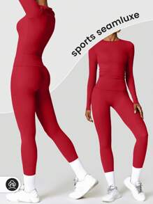 YEIFIN 冬季两件套女士纯色长袖 T 恤和紧身裤运动服套装，运动圆领上衣和紧身裤，适合瑜伽健身房锻炼，春夏女士运动服