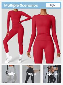 YEIFIN 冬季两件套女士纯色长袖 T 恤和紧身裤运动服套装，运动圆领上衣和紧身裤，适合瑜伽健身房锻炼，春夏女士运动服