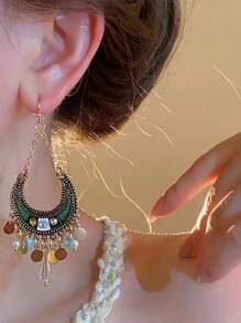Pendientes colgantes con borla de resina, media luna y gota de agua con rhinestone - Exquisitos pendientes únicos y retro personalizados