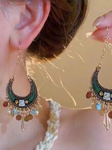 Pendientes colgantes con borla de resina, media luna y gota de agua con rhinestone - Exquisitos pendientes únicos y retro personalizados