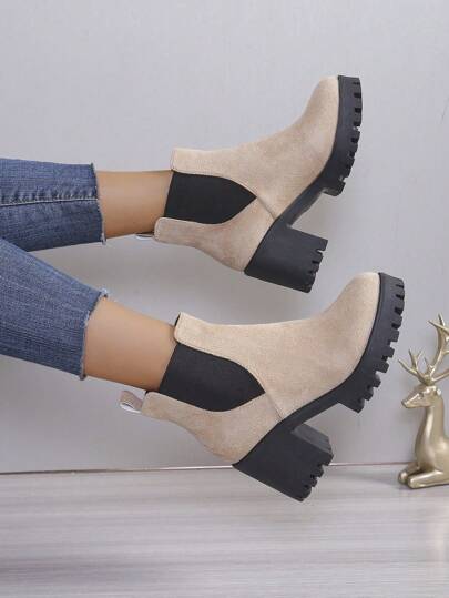 Stivali alla caviglia Chelsea chunky da donna con elastico, stivali casual con tacco largo, stivali corti alla moda e sexy per signore