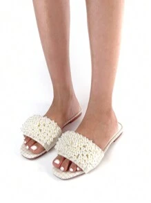 女士优雅风格手工仿珍珠装饰米色时尚舒适日常度假平底穆勒凉鞋情人节、海滩装扮、夏季装扮 - 米色 - 查看 6