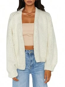 Female Sweater, Contrast Color/ Solid Color Long Sleeve Loose Knitted Cardigan For Fall Winter - White - View 1