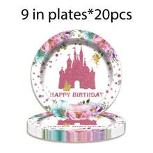 Set de 80 piezas de vajilla desechable con temática de princesas castillo, que incluye platos de papel desechables con diseño de hadas rosas, platos de postre, vasos de papel, vasos de bebida y servilletas