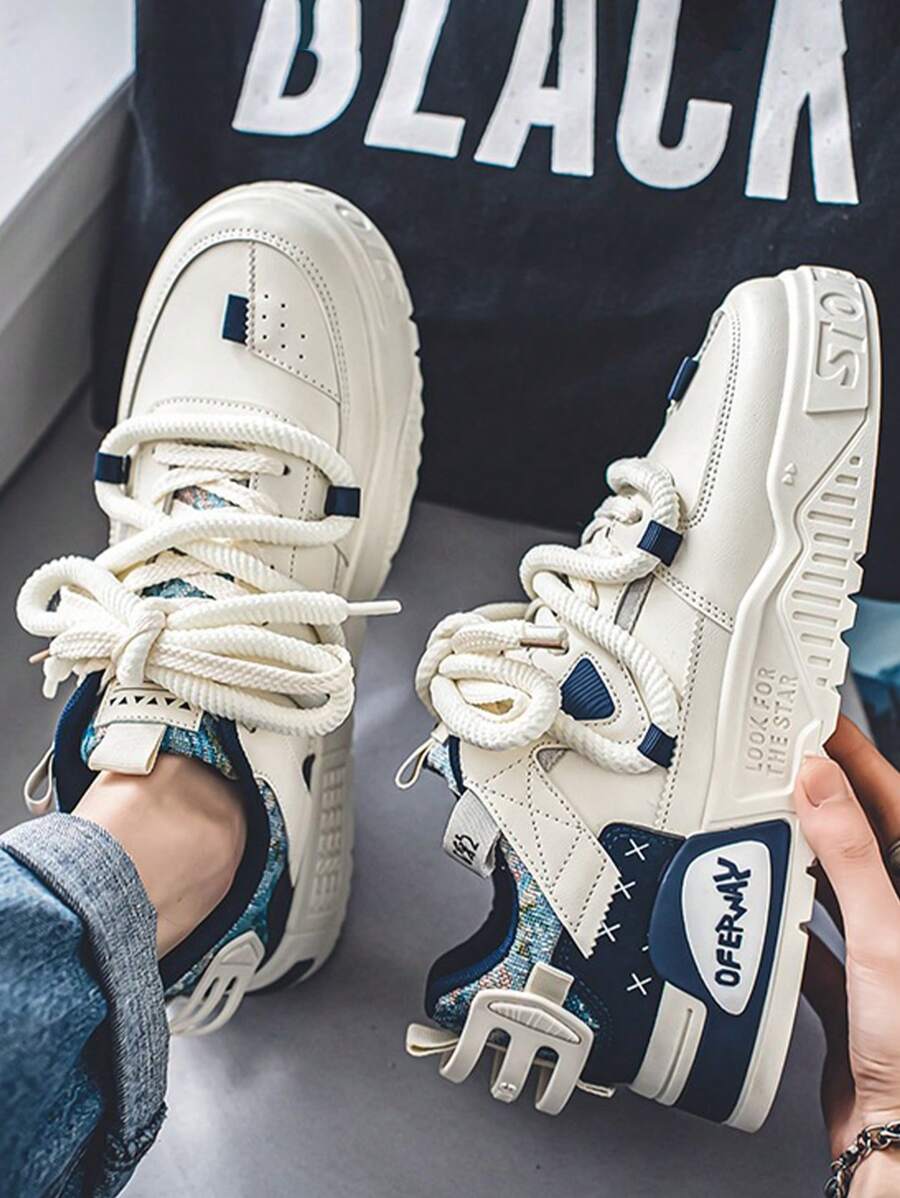 Zapatos deportivos tenis de moda con patrón de monograma con bloques de color para hombres, zapatos de tenis casuales para hombre con suela de plataforma transpirable con cordones de punta redonda, adecuados para exteriores, fiestas, monopatín, deportes callejeros, viajes al trabajo, ropa casual. - Azul - Ver 1