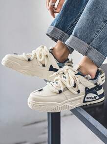 Zapatos deportivos tenis de moda con patrón de monograma con bloques de color para hombres, zapatos de tenis casuales para hombre con suela de plataforma transpirable con cordones de punta redonda, adecuados para exteriores, fiestas, monopatín, deportes callejeros, viajes al trabajo, ropa casual. - Azul - Ver 4