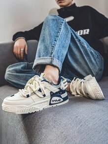 Zapatos deportivos tenis de moda con patrón de monograma con bloques de color para hombres, zapatos de tenis casuales para hombre con suela de plataforma transpirable con cordones de punta redonda, adecuados para exteriores, fiestas, monopatín, deportes callejeros, viajes al trabajo, ropa casual. - Azul - Ver 3