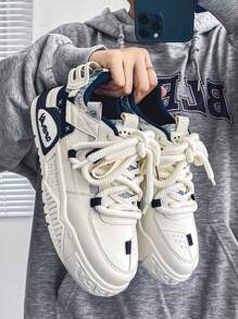 Zapatos deportivos tenis de moda con patrón de monograma con bloques de color para hombres, zapatos de tenis casuales para hombre con suela de plataforma transpirable con cordones de punta redonda, adecuados para exteriores, fiestas, monopatín, deportes callejeros, viajes al trabajo, ropa casual. - Azul - Ver 2