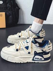 Zapatos deportivos tenis de moda con patrón de monograma con bloques de color para hombres, zapatos de tenis casuales para hombre con suela de plataforma transpirable con cordones de punta redonda, adecuados para exteriores, fiestas, monopatín, deportes callejeros, viajes al trabajo, ropa casual. - Azul - Ver 5