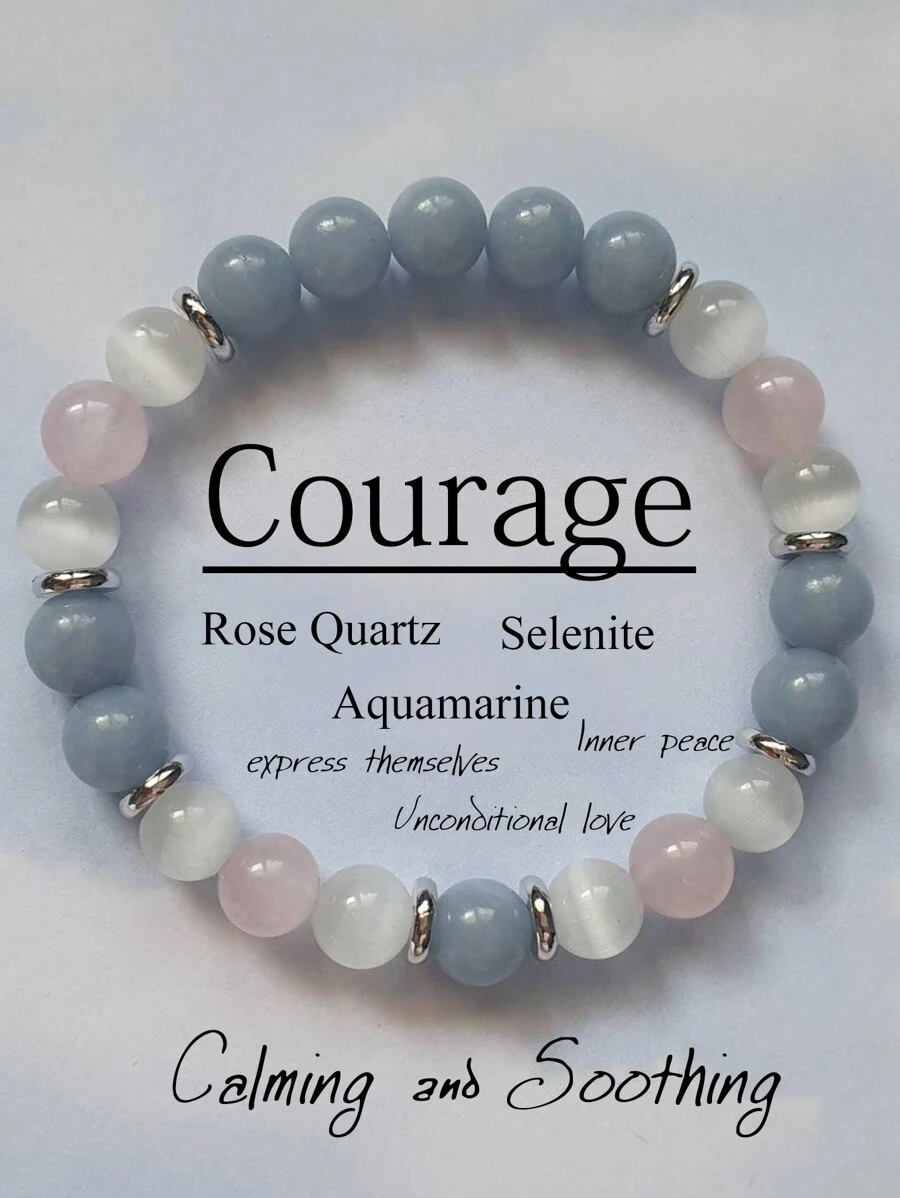 1pc Bohemian Style Beaded Bracelet, 8mm Aquamarine, Rose Quartz, Selenite, Elastic Beaded, Yoga Meditation Jewelry, Unisex, Meaning Good Luck, Love, Calmness, Wealth, Friendship - Multicolor - View 1