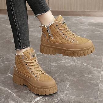 Winter Thermal Lined Lining Flat Shoes For Women, Solid Color Thick Bottom Sport Sneakers, Casual Lace Up Outdoor Shoes, Comfy Plush-Lined