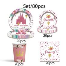 Set de 80 piezas de vajilla desechable con temática de princesas castillo, que incluye platos de papel desechables con diseño de hadas rosas, platos de postre, vasos de papel, vasos de bebida y servilletas