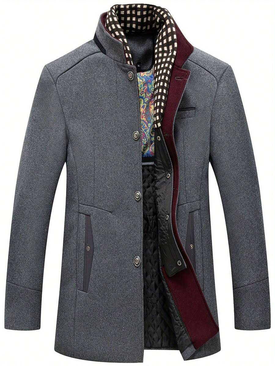 Men's Business Woolen Coat Fashion Scarf Ironless Woolen Coat Windproof Warm Coat - Xám - Xem 1