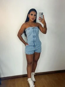 Women's Denim Jumpsuit - 淺色水洗藍 - 查看 4
