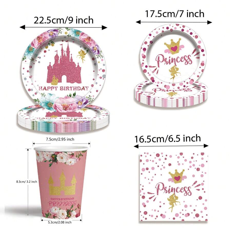 Set de 80 piezas de vajilla desechable con temática de princesas castillo, que incluye platos de papel desechables con diseño de hadas rosas, platos de postre, vasos de papel, vasos de bebida y servilletas