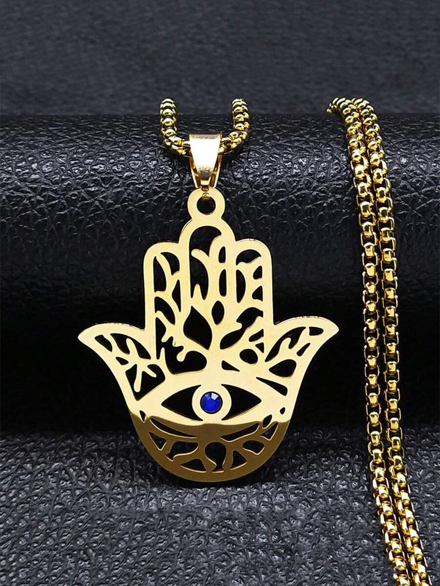 空心哈姆萨之手吊坠项链不锈钢金银幸运手掌蓝色火鸡眼项链宝石项圈 - 項鍊 - 查看 1