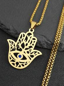 空心哈姆萨之手吊坠项链不锈钢金银幸运手掌蓝色火鸡眼项链宝石项圈 - 項鍊 - 查看 5