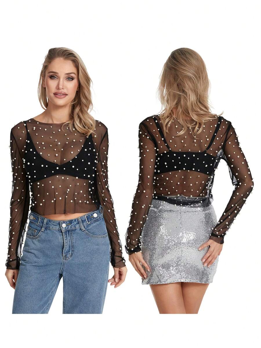 Women T-Shirt, Long Sleeve Crew Neck See-Through Pearls Slim Fit Ladies Tops For Club Party - 黑色 - 查看 1
