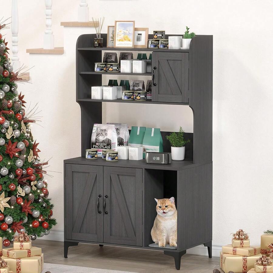 Cat Litter Box Furniture,Hidden Cat Box Enclosure With Shelf Storage,Cat Litter Box Enclosure, Wood Sturdy Cat Washroom Storage, Indoor Cat House Furniture, Walnut Color - Black - View 1