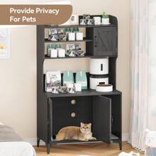 Cat Litter Box Furniture,Hidden Cat Box Enclosure With Shelf Storage,Cat Litter Box Enclosure, Wood Sturdy Cat Washroom Storage, Indoor Cat House Furniture, Walnut Color - Black - View 4