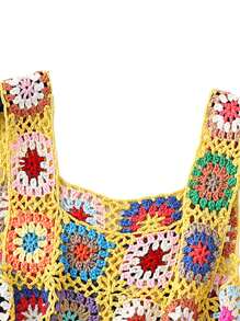 Women's Sheer Floral Crochet Square Neck Sleeveless Cover Up Tank Crop Tops - Apricot - View 5