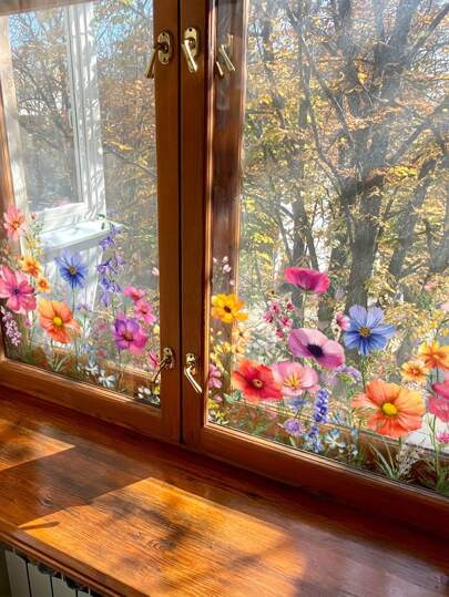 One Piece Home Decorations Colorful Bouquet Window Sticker, Garden Sticker, Suitable For Living Room Bedroom, Home Wall Decoration, PVC Removable Window Stickers, 23.6x11.8 Inches, Stickers, Wall Decal, Vinyl Decal For Home Decorations, Spring Decoration Items Refresh Your Home, Festival Decoration Stickers Gifts Birthday Graduation