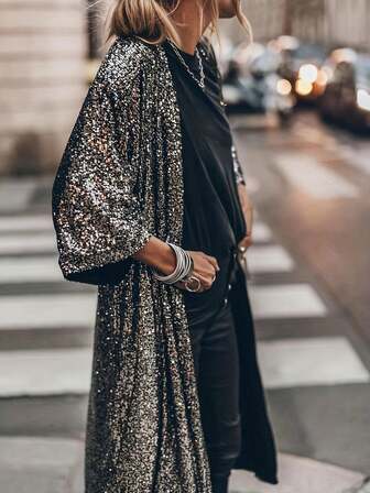 亮片拼接蝙蝠袖休闲百搭长款大衣