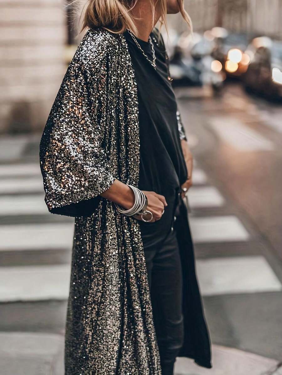 Sequin Patchwork Batwing Sleeves Casual Versatile Long Coat Black Spring - Black - View 1