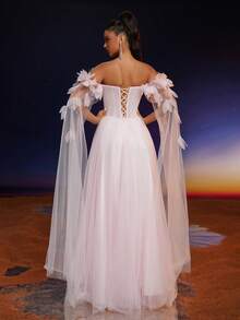 Anymoon Women's Sweet V-Neck Halter Floral Mesh Long Formal Dress - Pink - View 5