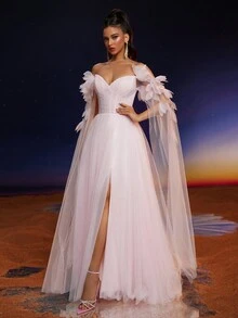 Anymoon Women's Sweet V-Neck Halter Floral Mesh Long Formal Dress - Pink - View 4