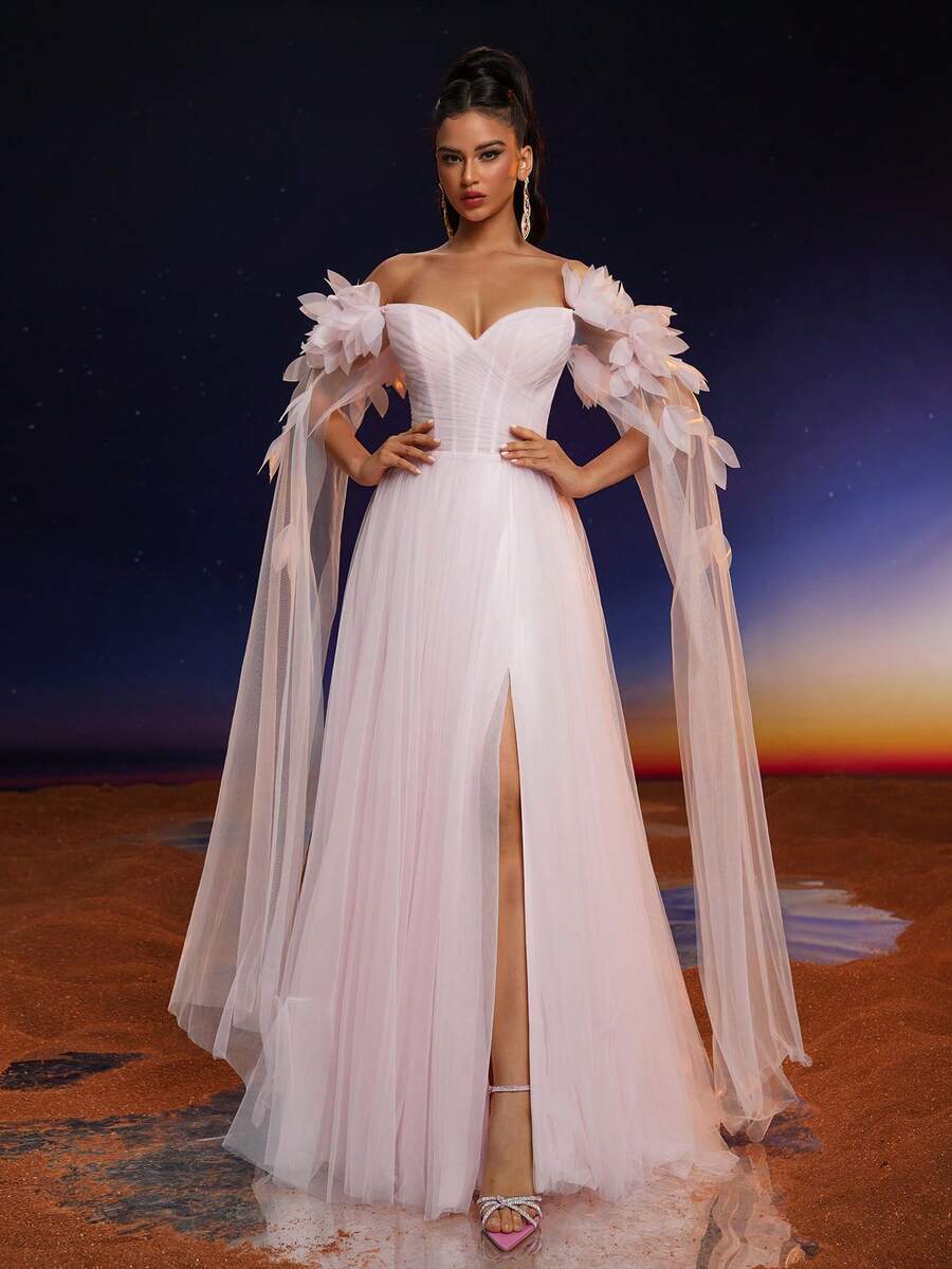 Anymoon Women's Sweet V-Neck Halter Floral Mesh Long Formal Dress - Pink - View 1