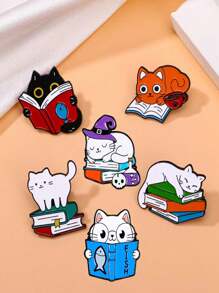 6 件/套可爱锌合金猫咪设计胸针，可爱睡觉、喝咖啡、读书猫别针，用于衣服、包包的装饰配件，连衣裙配饰，衣服包包饰品，学校办公室配件，衬衫夹克首饰，圣诞节万圣节衣服别针，有趣的教师礼物 - 貓咪 - 查看 2