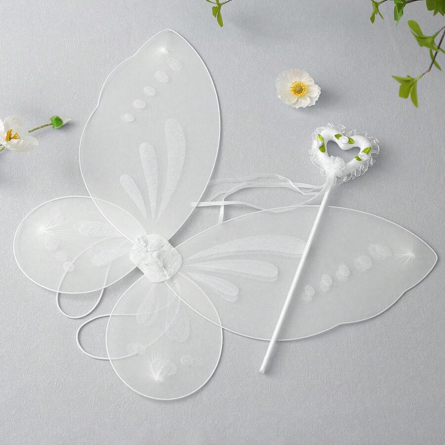 2pcs Kids Girls Butterfly Wings, Shiny Fairy Wings Flower Heart Magic Wand Halloween Birthday Party Favor - 白色 - 查看 1