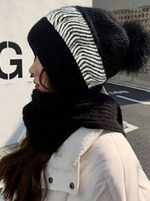 1 件女式双色针织围巾帽子口罩三合一套装带耳朵保护，适合户外运动保暖