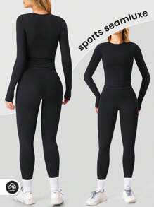 YEIFIN 冬季两件套女士纯色长袖 T 恤和紧身裤运动服套装，运动圆领上衣和紧身裤，适合瑜伽健身房锻炼，春夏女士运动服