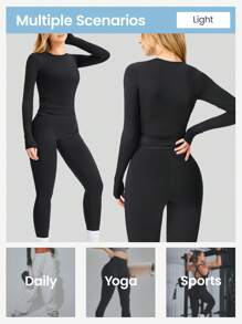 YEIFIN 冬季两件套女士纯色长袖 T 恤和紧身裤运动服套装，运动圆领上衣和紧身裤，适合瑜伽健身房锻炼，春夏女士运动服