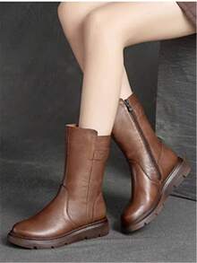 Giày bốt da mềm màu nâu cao đến giữa bắp chân cho nữ, lớp lót nhung mùa đông cổ điển, giày bốt đi xe máy thường ngày phong cách Anh - màu nâu - Xem 3